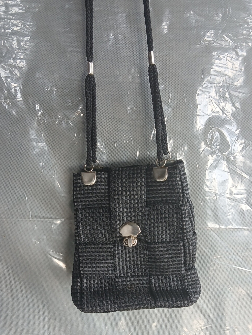 Black Woven Mini Crossbody Bag with Silver-Tone Clasp